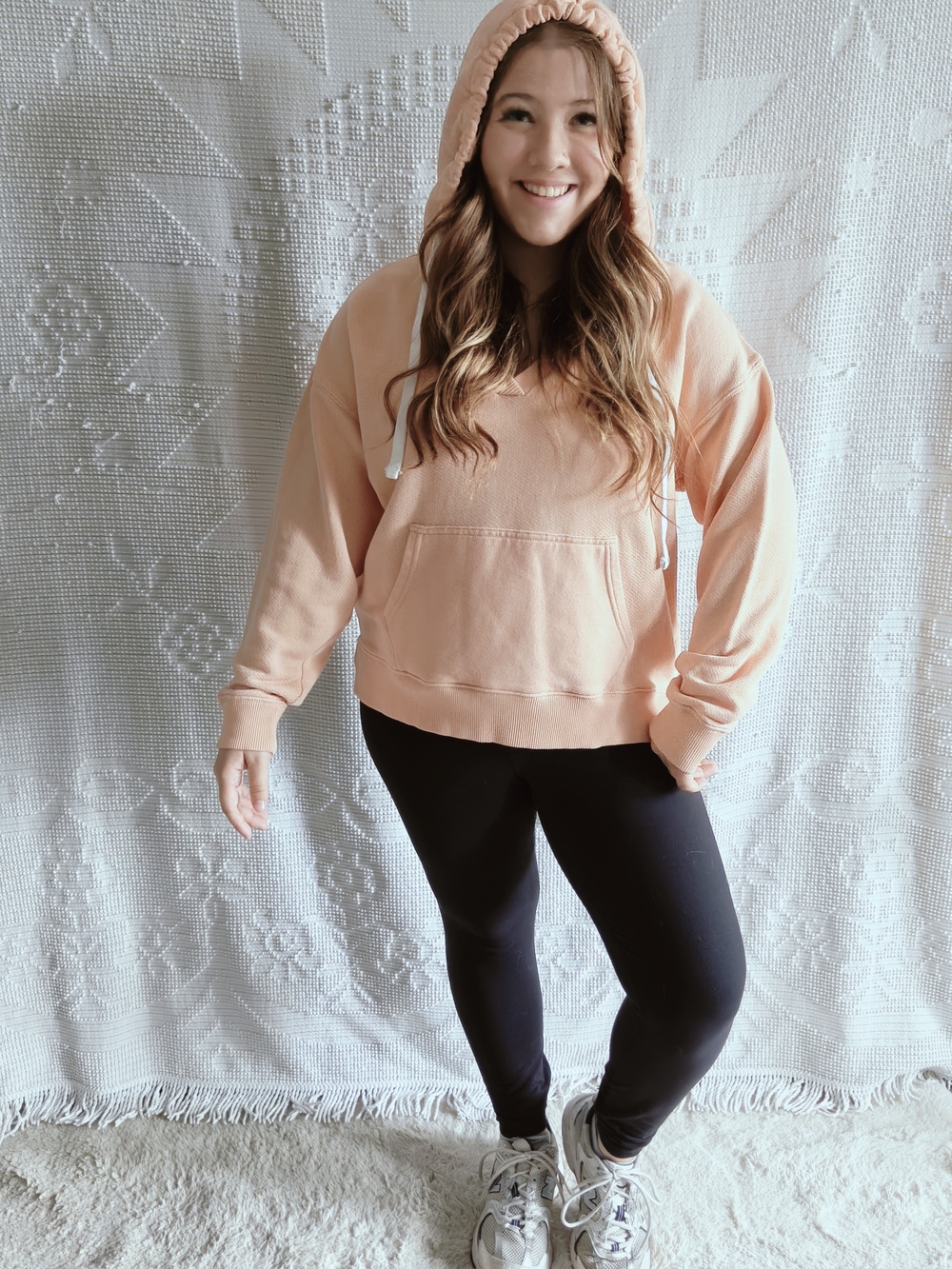 American Eagle Peach Sorbet Waffle Knit Split Neck Boxy Crop Hoodie | Size Med - Picture 1 of 3